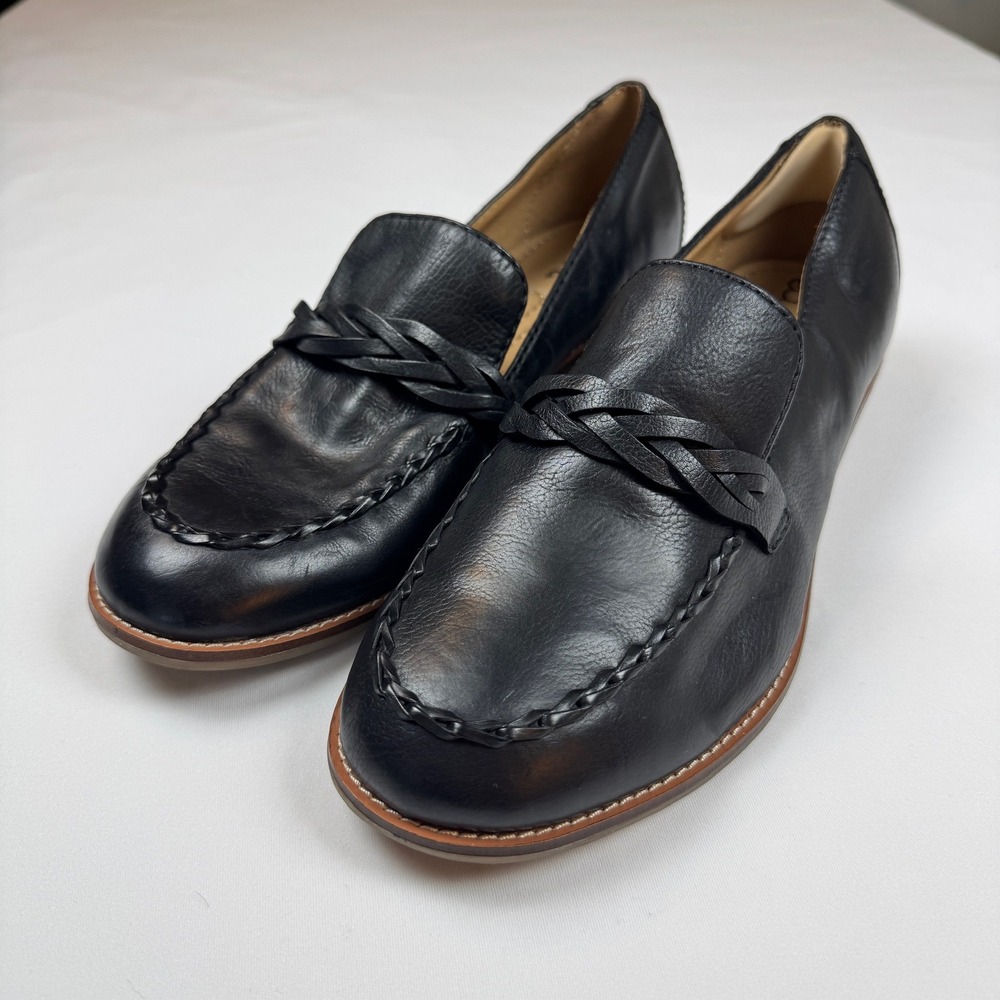 Earth Etedie Black Leather Braided Strap Moc Toe Loafers Shoes 9.5W